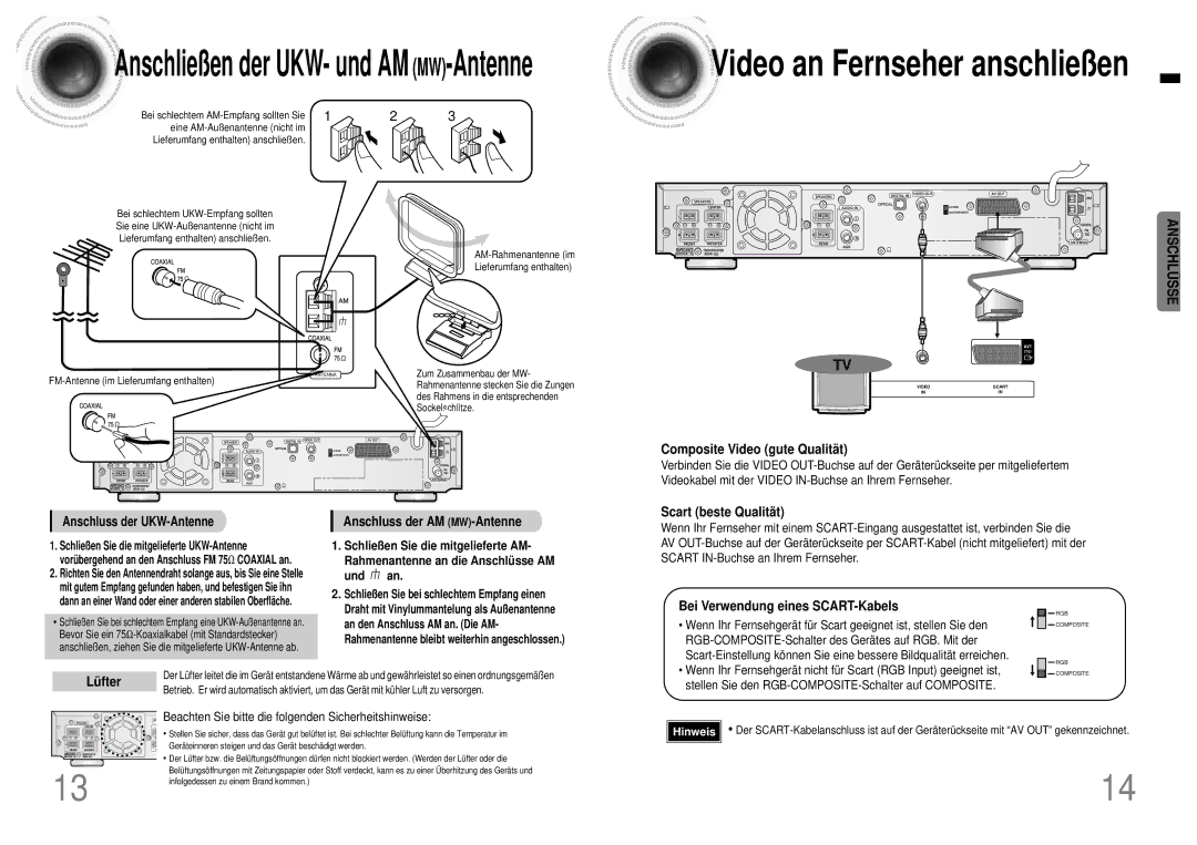 Samsung HTDB120TH/EDC manual Anschließen der UKW- und AM MW-Antenne, Composite Video gute Qualitä t, Scart beste Qualitä t 