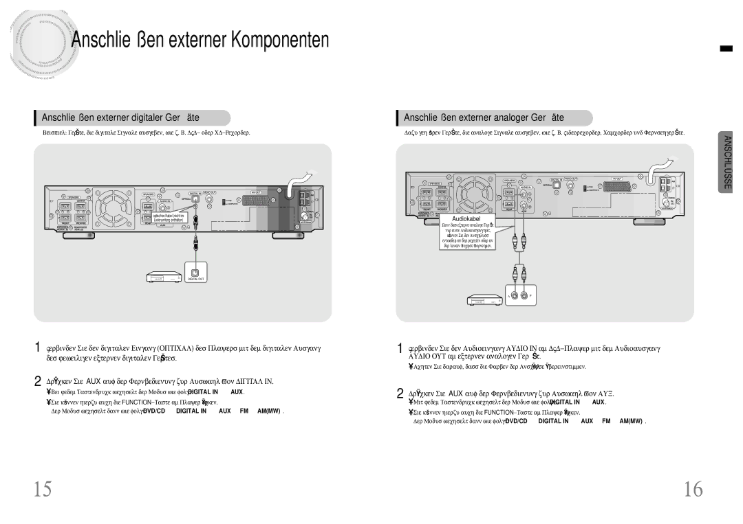 Samsung HT-DB120, HTDB120RH/EDC Anschließen externer digitaler Gerä te, Anschließen externer analoger Gerä te, Audiokabel 