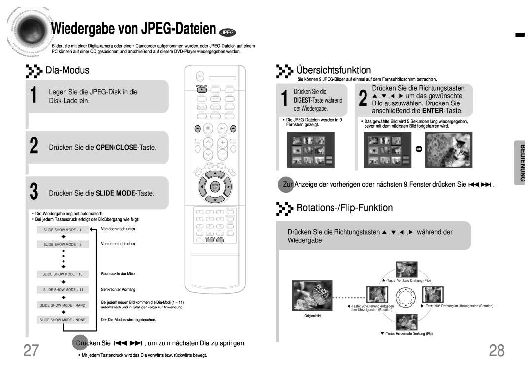 Samsung HT-DB120 Wiedergabe von JPEG-Dateien JPEG, Dia-Modus, Ü bersichtsfunktion, Rotations-/Flip-Funktion, Bedienung 