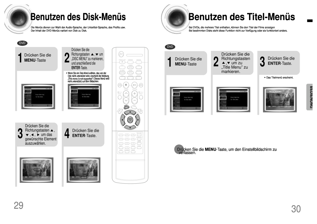 Samsung HTDB120RH/EDC Benutzendes Titel-Menü s, Benutzendes Disk-Menü s, 1 Drücken Sie die MENU-Taste, ENTER-Taste, um das 