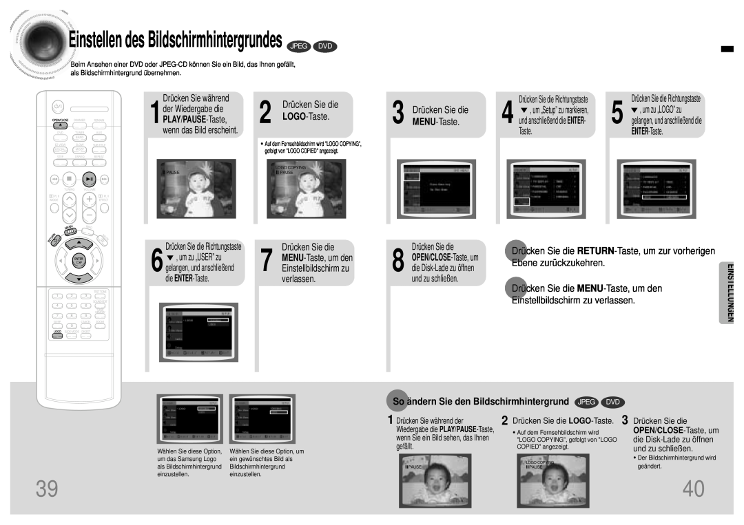 Samsung HT-DB120 manual Einstellen des Bildschirmhintergrundes JPEG DVD, So ändern Sie den Bildschirmhintergrund JPEG DVD 