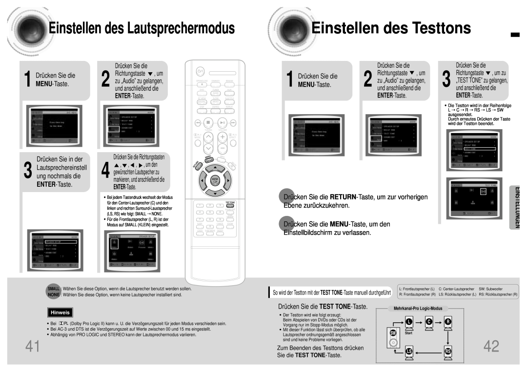 Samsung HTDB120RH/EDC manual Einstellen des Testtons, Einstellen des Lautsprechermodus, Drücken Sie in der, Einstellungen 