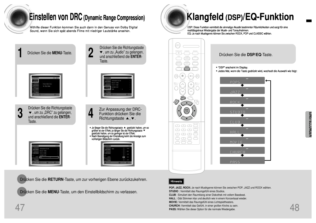 Samsung HTDB120RH/EDC Klangfeld DSP/EQ-Funktion, Einstellen von DRC Dynamic Range Compression, Drücken Sie die MENU-Taste 
