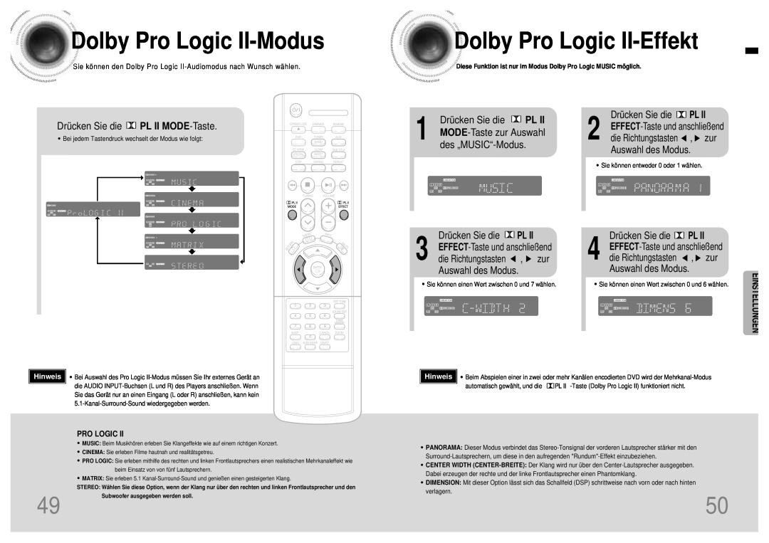 Samsung HTDB120TH/EDC, HT-DB120 manual Dolby Pro Logic II-Modus, Dolby Pro Logic II-Effekt, Einstellungen, Drücken Sie die 