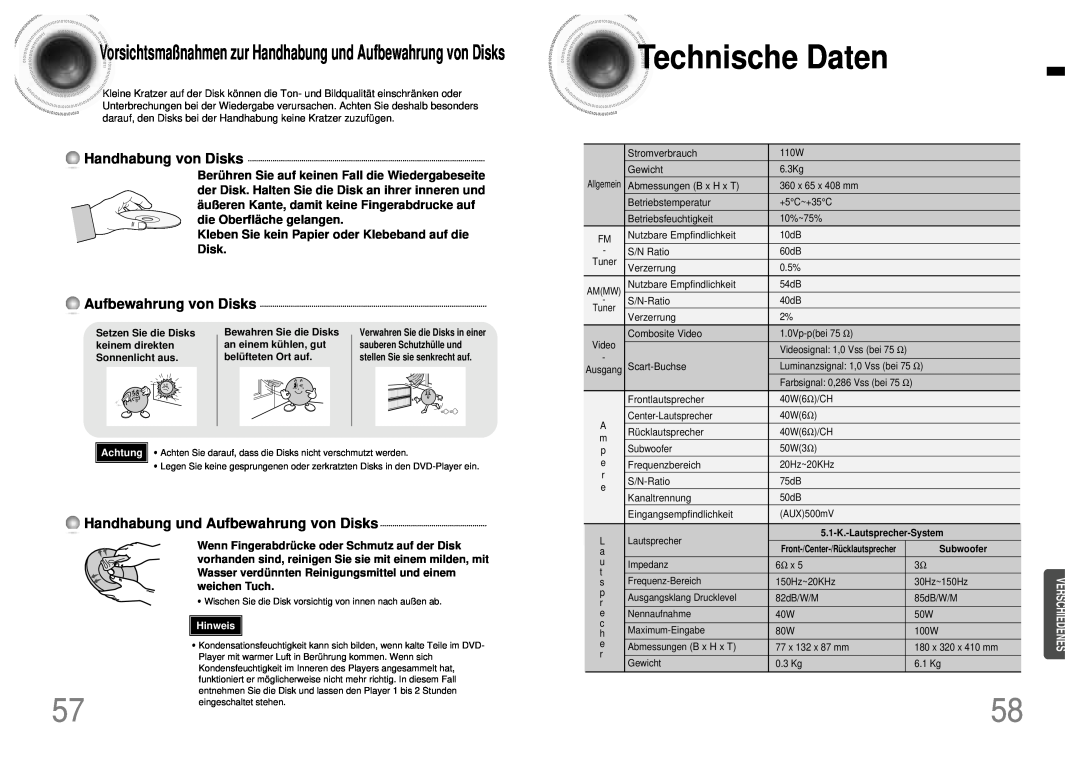 Samsung HT-DB120 Technische Daten, Handhabung von Disks, Handhabung und Aufbewahrung von Disks, weichen Tuch, Hinweis 