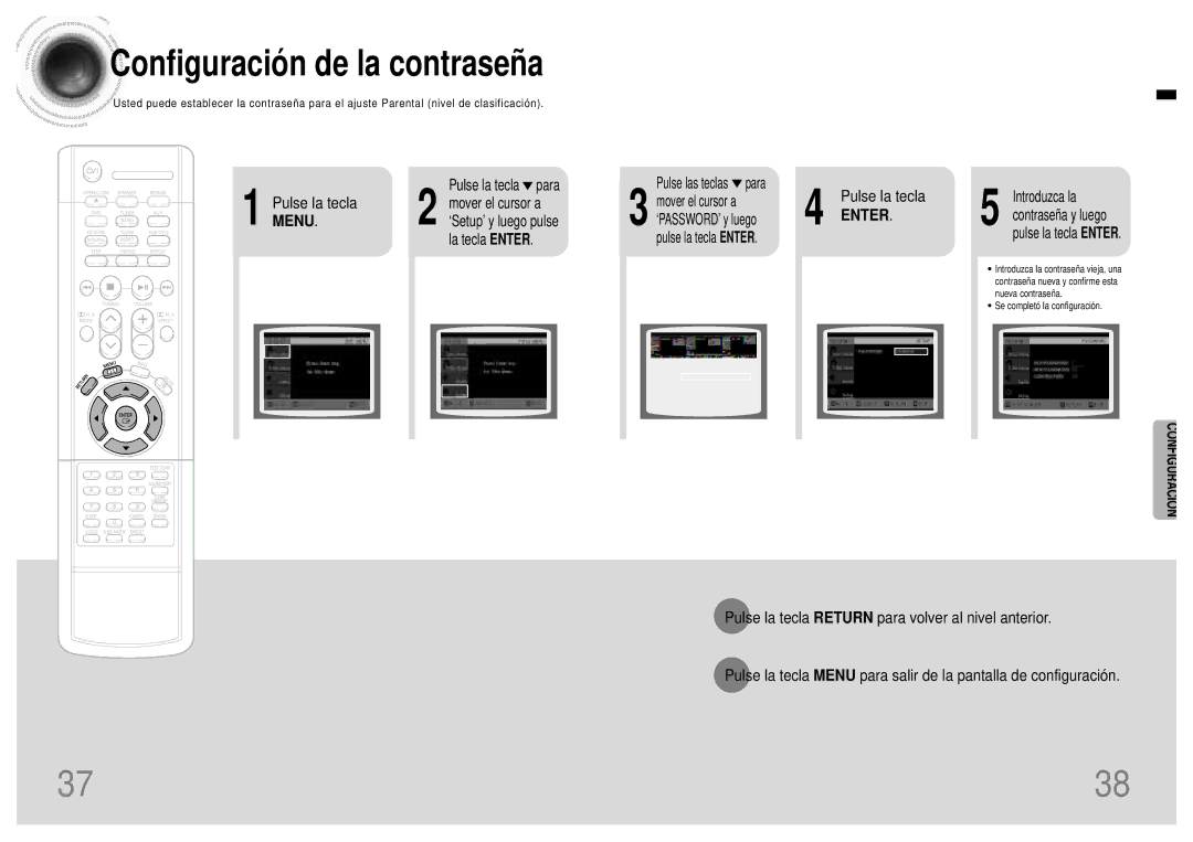 Samsung HT-DB120, HTDB120TH/EDC manual Menu, Pulse las teclas para, Introduzca la contraseña y luego pulse la tecla Enter 