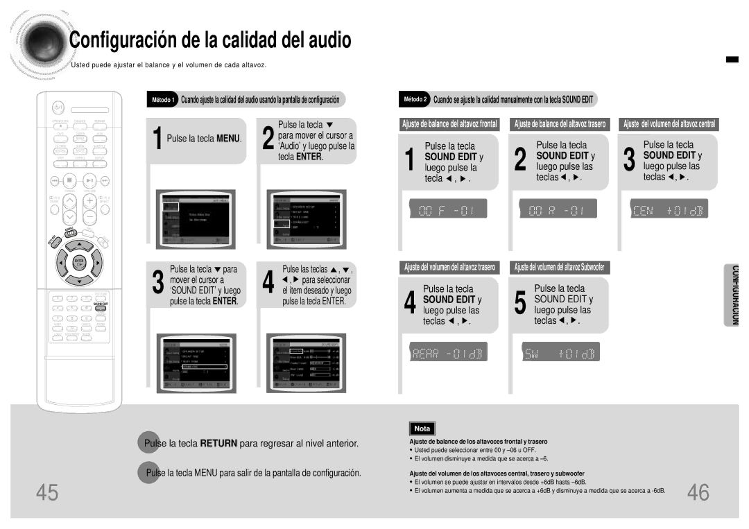 Samsung HT-DB120, HTDB120TH/EDC manual Sound Edit y luego pulse la tecla, Sound Edit y luego pulse las teclas 