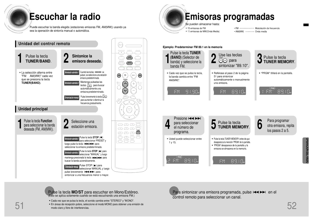 Samsung HTDB120TH/EDC, HT-DB120 Escuchar la radio, Emisoras programadas, Operació N DEL Radio, Tuner/Band, Tuner Memory 