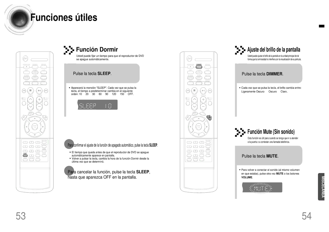 Samsung HT-DB120, HTDB120TH/EDC manual Funciones ú tiles, Ajuste del brillo de la pantalla, Funció n Mute Sin sonido 