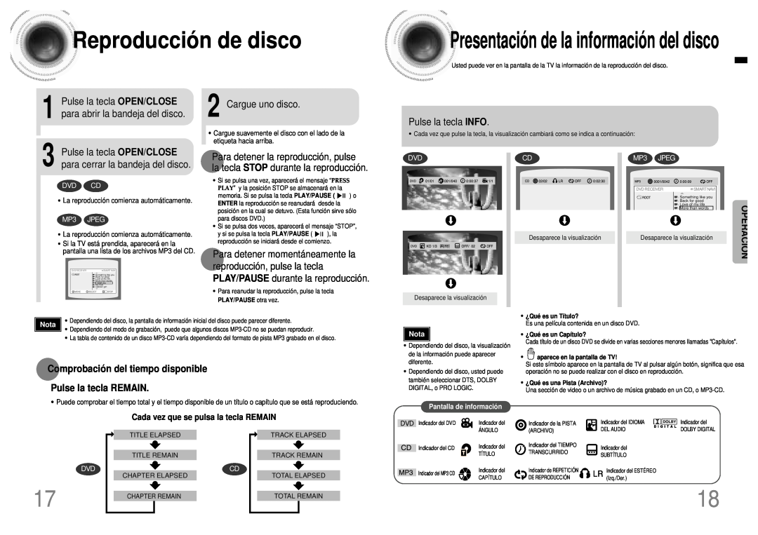 Samsung HT-DB120 Reproducció n de disco, Presentación de la informació n del disco, Operació N, Cargue uno disco, Dvd Cd 