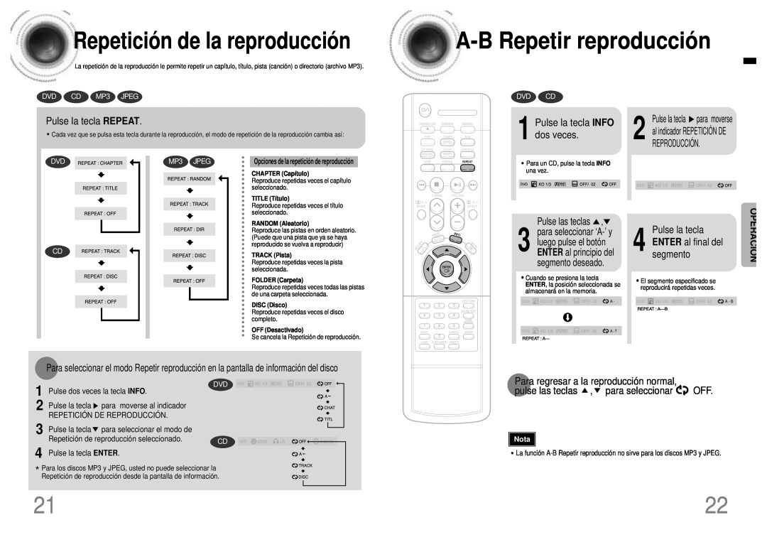 Samsung HT-DB120 A -B Repetir reproducció n, Pulse la tecla REPEAT, Pulse la tecla INFO dos veces, DVD CD MP3 JPEG, Dvd Cd 