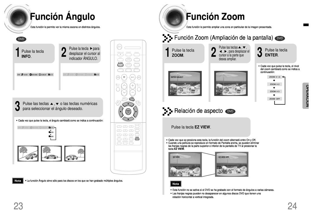 Samsung HTDB120TH/EDC Funció n Á ngulo, Funció n Zoom, Función Zoom Ampliación de la pantalla DVD, Relación de aspecto DVD 