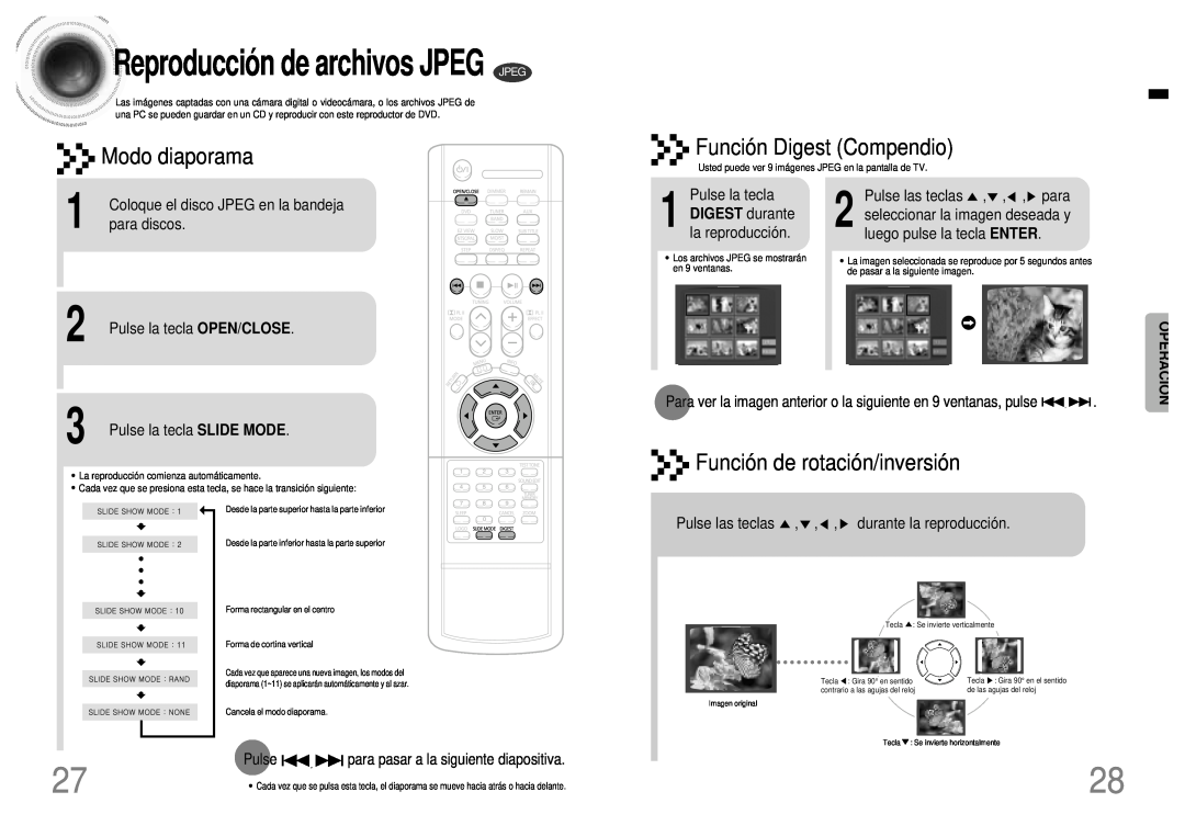 Samsung HTDB120TH/EDC manual Reproducció n de archivos JPEG JPEG, Modo diaporama, Función Digest Compendio, DIGEST durante 