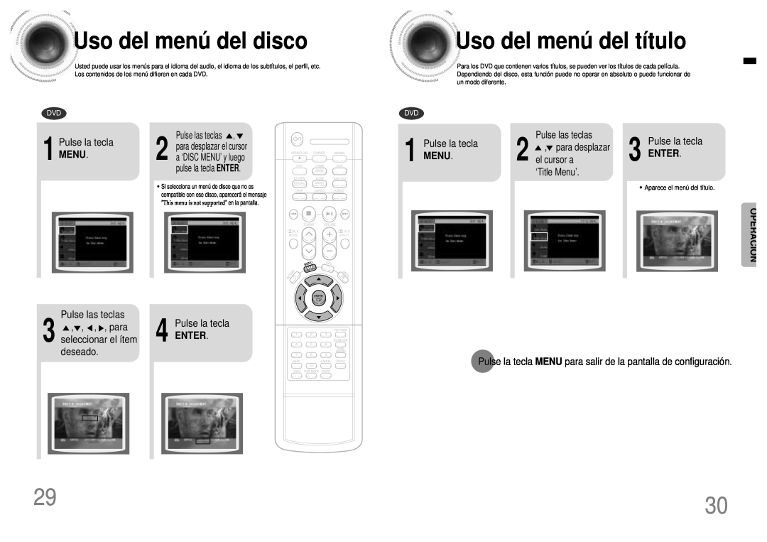 Samsung HT-DB120 Uso del menú del disco, Uso del menú del título, Pulse la tecla MENU, Menu, Enter, seleccionar el ítem 