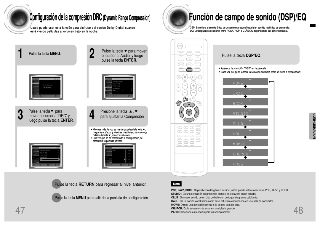 Samsung HTDB120TH/EDC Funció n de campo de sonido DSP/EQ, Configuració n de la compresió n DRC Dynamic Range Compression 
