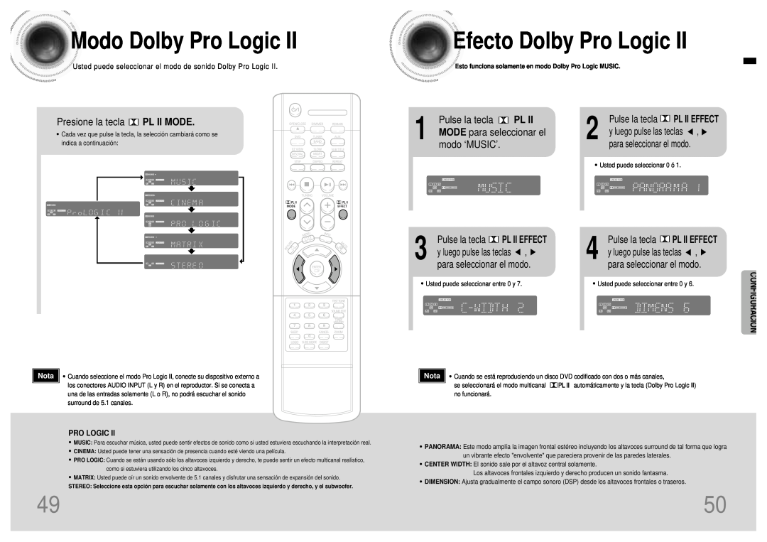 Samsung HT-DB120 Modo Dolby Pro Logic, Efecto Dolby Pro Logic, Presione la tecla PL II MODE, MODE para seleccionar el 