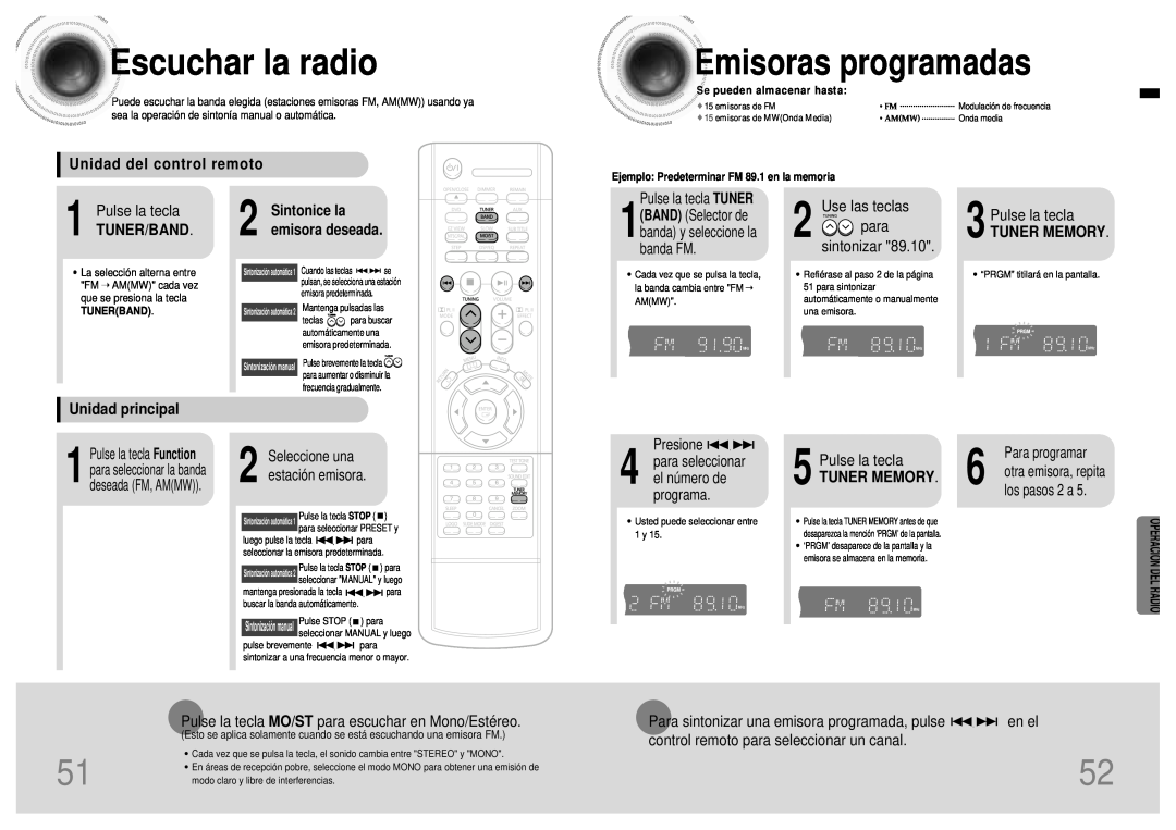 Samsung HTDB120TH/EDC Escuchar la radio, Emisoras programadas, Operació N Del Radio, Unidad del control remoto, Tuner/Band 