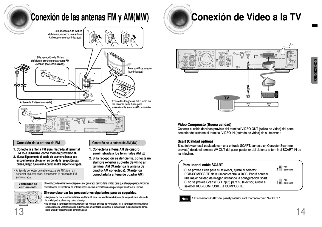 Samsung HT-DB120 Conexió n de Video a la TV, Conexió n de las antenas FM y AMMW, Conexiones Tv, Scart Calidad ó ptima 