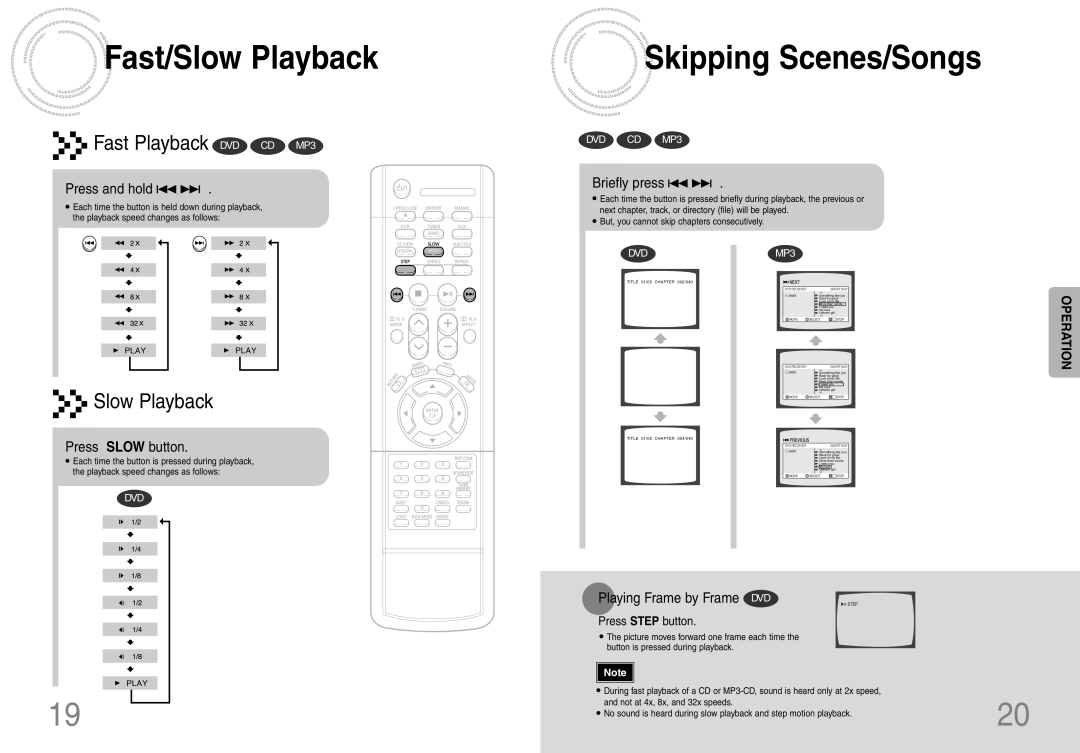 Samsung HTDB120TH/HAO, HT-DB120 Fast/Slow Playback, Press and hold, Press Slow button, Briefly press, Press Step button 