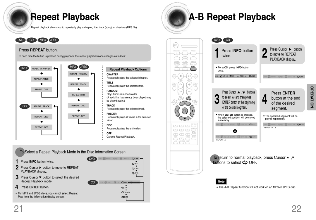 Samsung HT-DB120, HTDB120TH/XSG Press Repeat button, Press Info button twice, Press Enter, Repeat Playback Options 