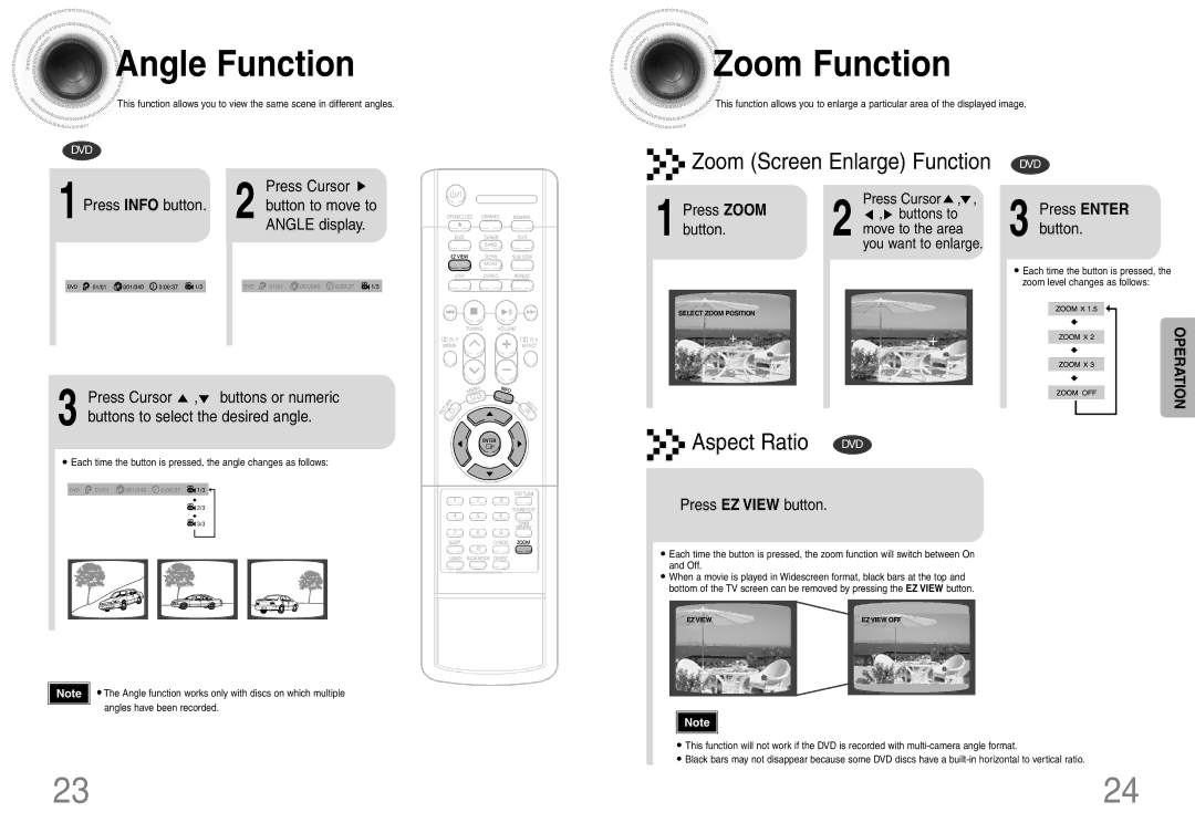 Samsung HTDB120TH/XSG, HT-DB120, HTDB120TH/UMG, HTDB120TH/HAO manual Angle Function, Zoom Function 