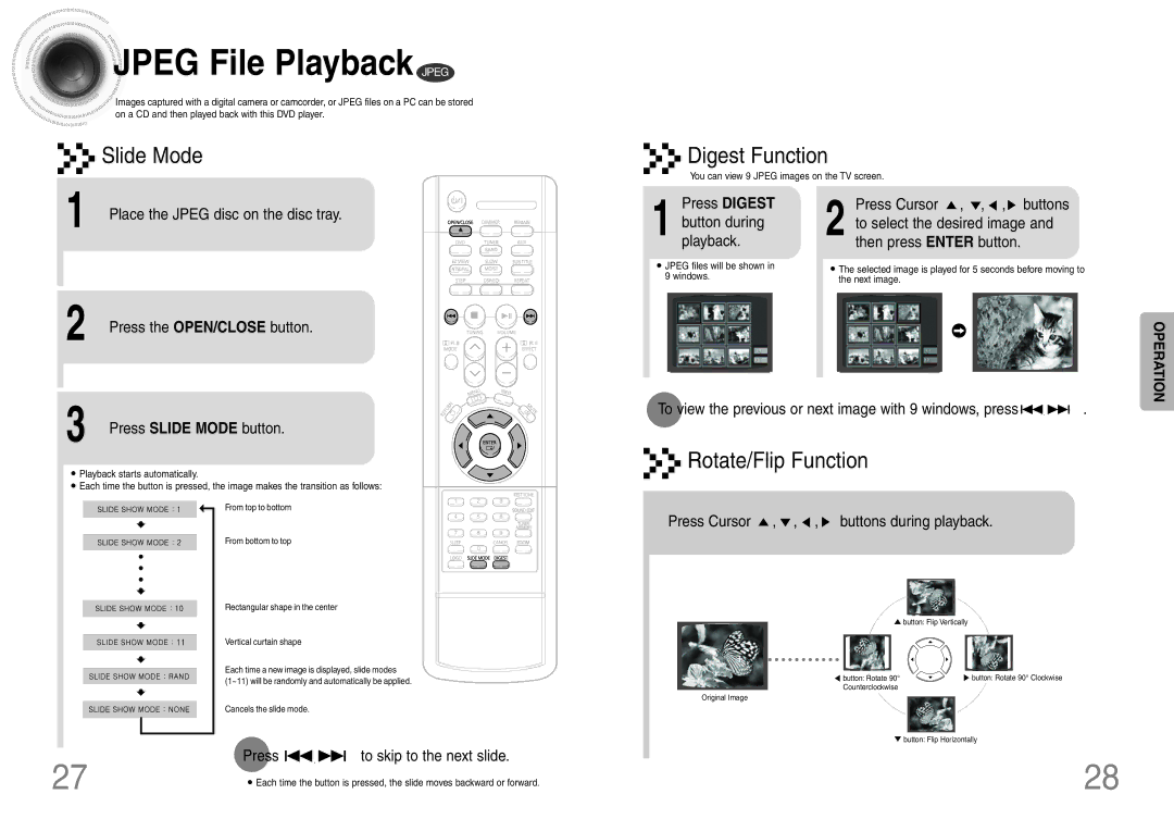 Samsung HTDB120TH/HAO, HT-DB120 Place the Jpeg disc on the disc tray, Press the OPEN/CLOSE button, Press Slide Mode button 