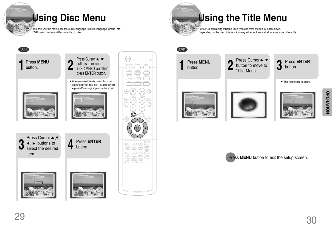 Samsung HT-DB120 manual Using Disc Menu, Buttons to, Select the desired, Press Menu button to exit the setup screen 