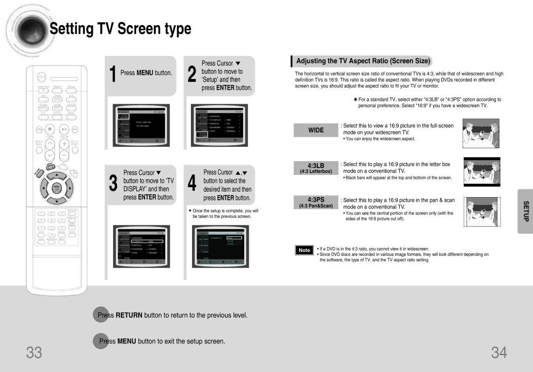 Samsung HTDB120TH/UMG Setting TV Screen type, Adjusting the TV Aspect Ratio Screen Size, 43LB, 43PS, Button to move to ‘TV 