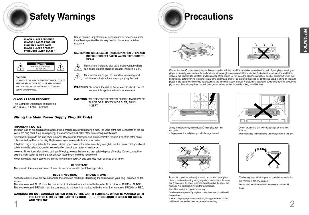 Samsung HTDB120TH/UMG, HT-DB120, HTDB120TH/XSG, HTDB120TH/HAO manual Safety Warnings Precautions, Class 1 Laser Product 