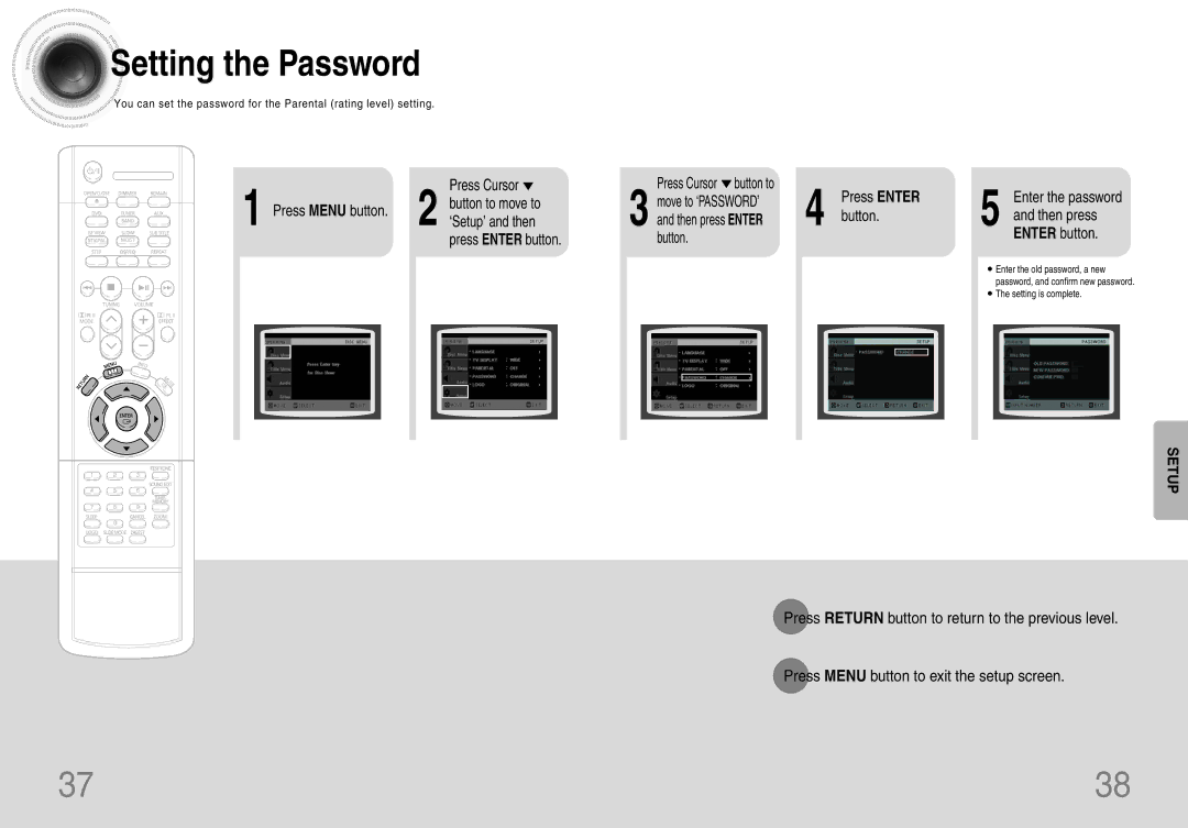 Samsung HT-DB120 manual Setting the Password, Press Cursor Button to move to Press Menu button, Button Enter button 