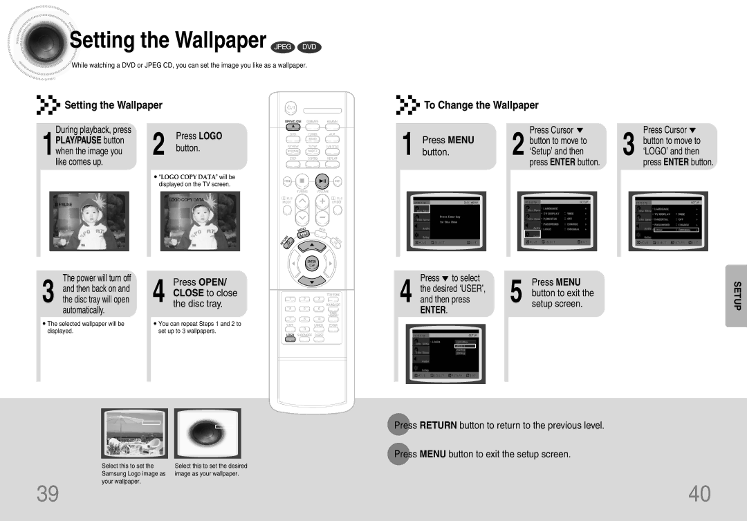 Samsung HTDB120TH/XSG, HT-DB120, HTDB120TH/UMG, HTDB120TH/HAO manual Setting the Wallpaper Jpeg DVD 