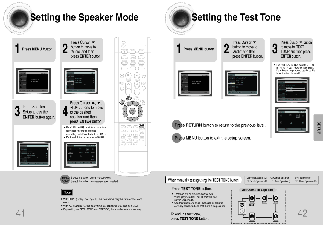 Samsung HTDB120TH/UMG Setting the Speaker Mode Setting the Test Tone, Press Enter button Press Cursor, ‘Audio’ and then 