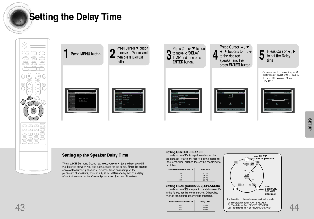 Samsung HTDB120TH/HAO Setting the Delay Time, Press Cursor button, 3to move to ‘DELAY TIME’ and then press Enter button 