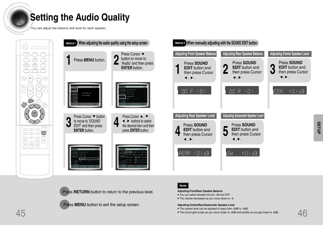 Samsung HT-DB120, HTDB120TH/XSG manual Setting the Audio Quality, Press Sound, Buttons to select, EDIT’ and then press 