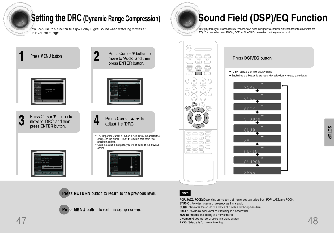 Samsung HTDB120TH/XSG Press Menu button, Press DSP/EQ button, Press Cursor Adjust the ‘DRC’, Move to ‘Audio’ and then 