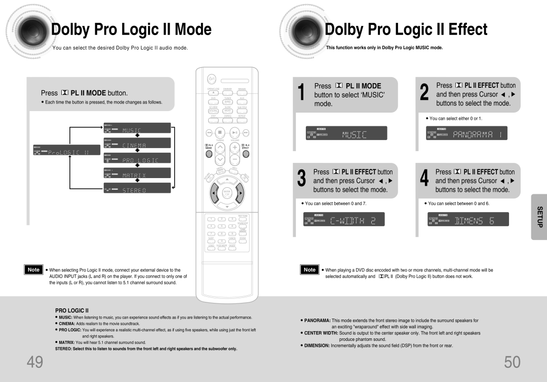 Samsung HTDB120TH/UMG, HT-DB120 manual Dolby Pro Logic II Mode, Press PL II Mode button, Button to select ‘MUSIC’ mode 