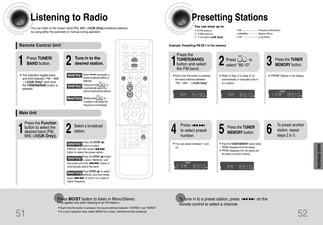 Samsung HTDB120TH/HAO, HT-DB120, HTDB120TH/XSG, HTDB120TH/UMG manual Listening to Radio, Presetting Stations, Main Unit 