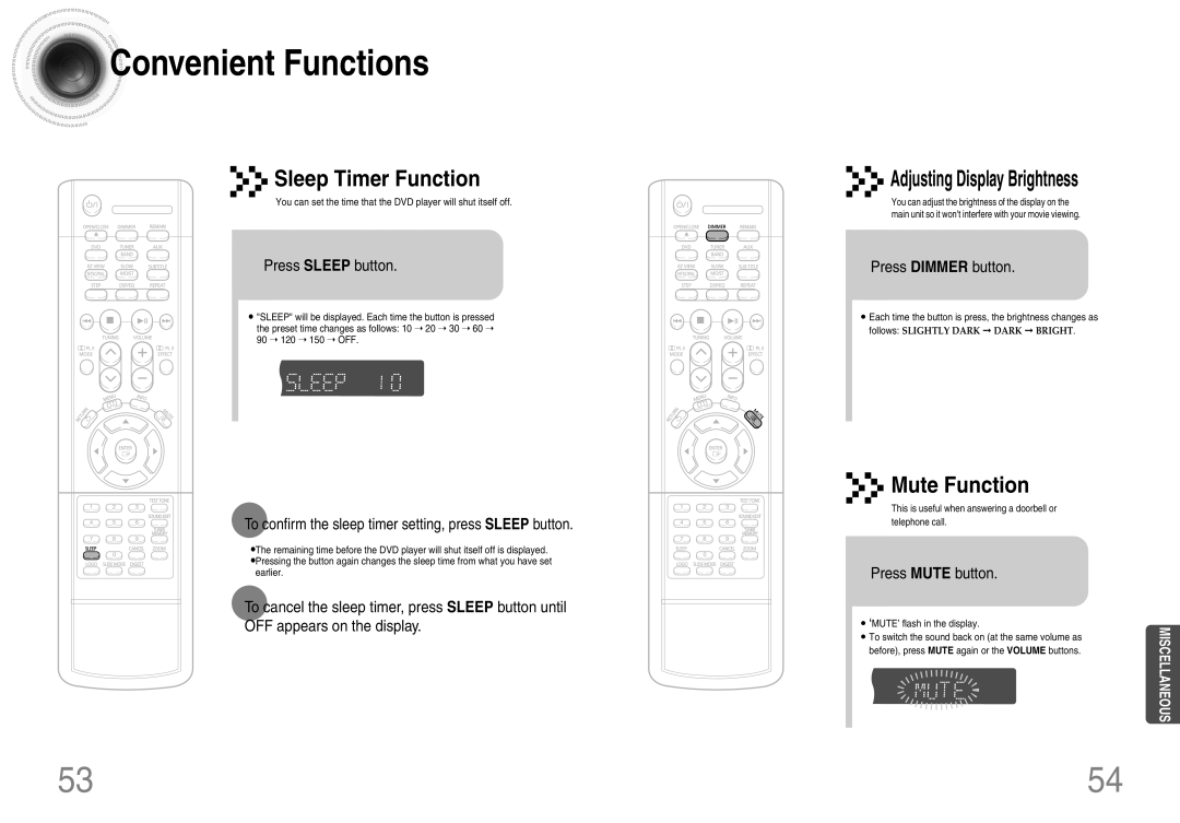 Samsung HT-DB120 manual Convenient Functions, Press Sleep button, To confirm the sleep timer setting, press Sleep button 