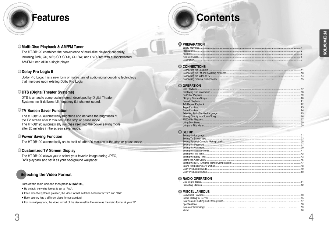 Samsung HTDB120TH/HAO, HT-DB120, HTDB120TH/XSG, HTDB120TH/UMG manual Features, Contents 