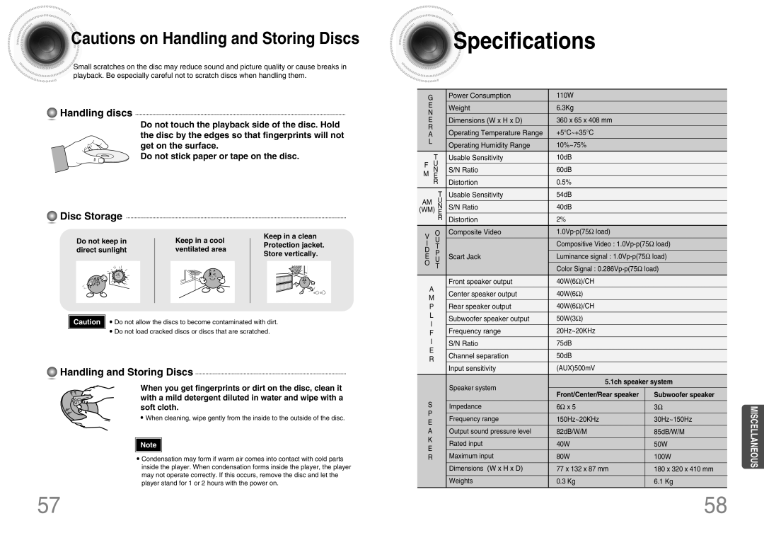 Samsung HTDB120TH/UMG, HT-DB120, HTDB120TH/XSG Specifications, Handling discs, Disc Storage, Handling and Storing Discs 