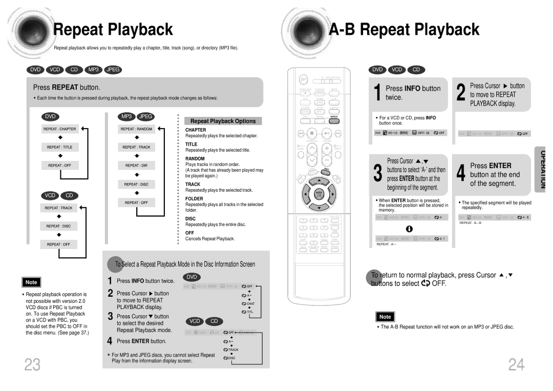 Samsung HTDB300TH/HAO, HT-DB300, HTDB300TH/XSG Press Repeat button, Press Info button twice, Repeat Playback Options 