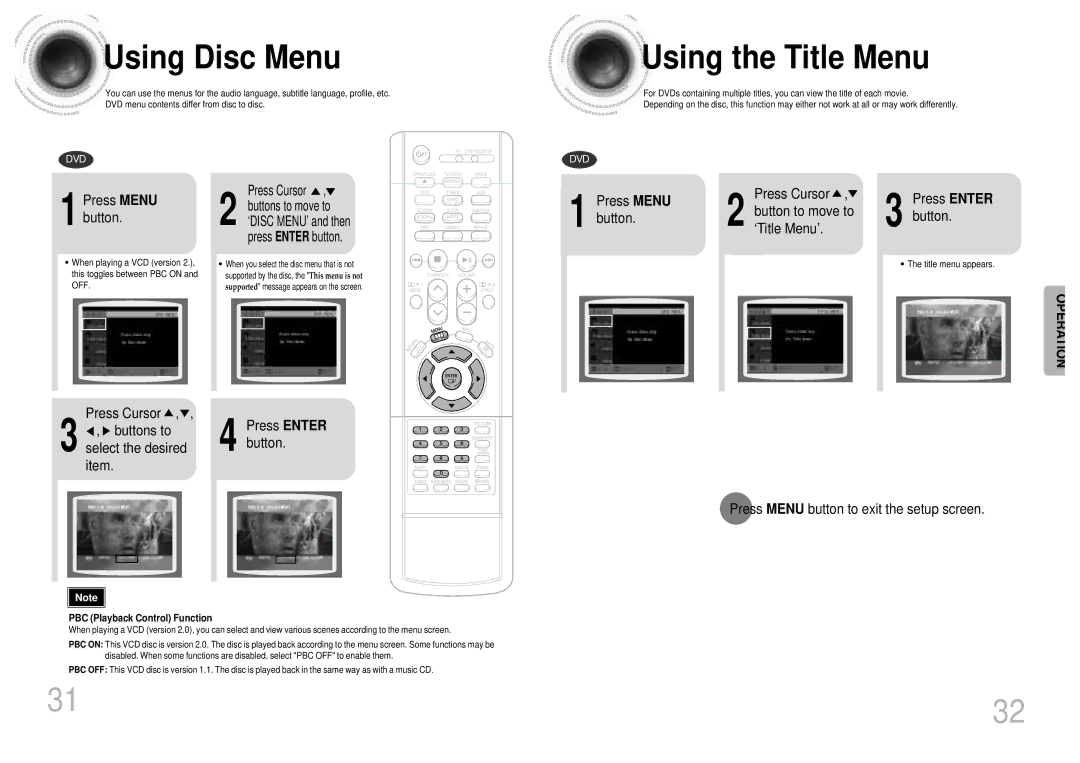 Samsung HTDB300TH/XSG, HT-DB300 manual Using Disc Menu, Using the Title Menu, Press Menu button to exit the setup screen 