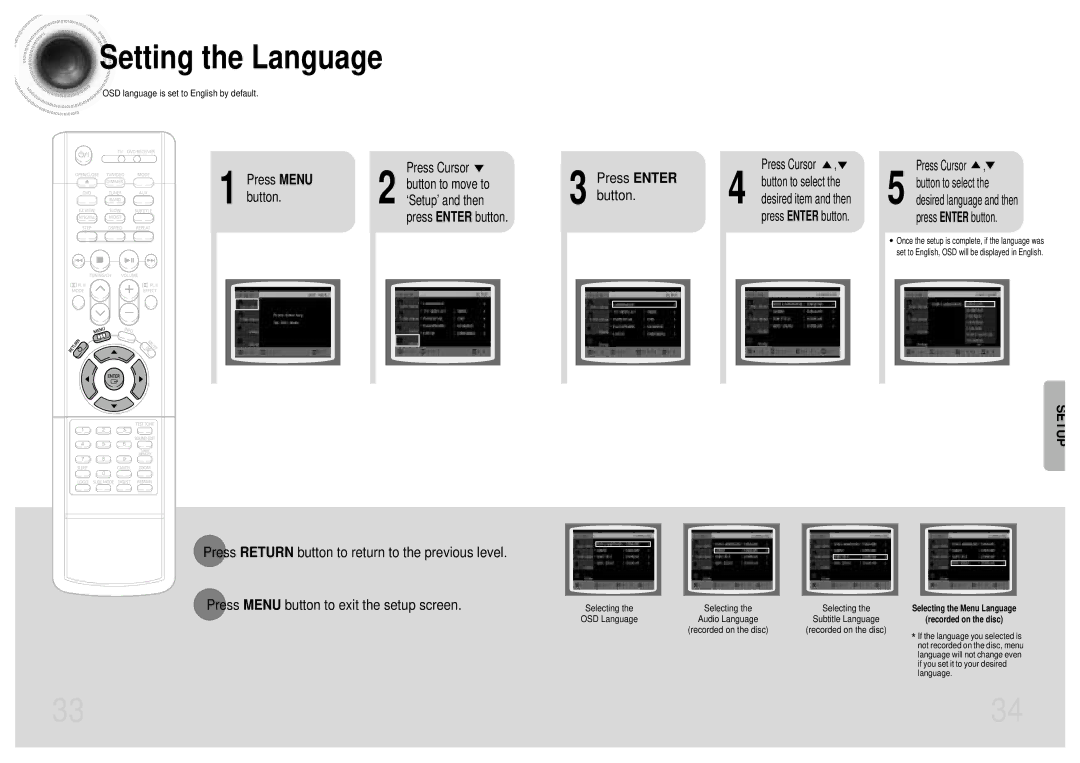 Samsung HT-DB300, HTDB300TH/HAO, HTDB300TH/XSG manual Setting the Language, Press Menu, Press Cursor Button to select 