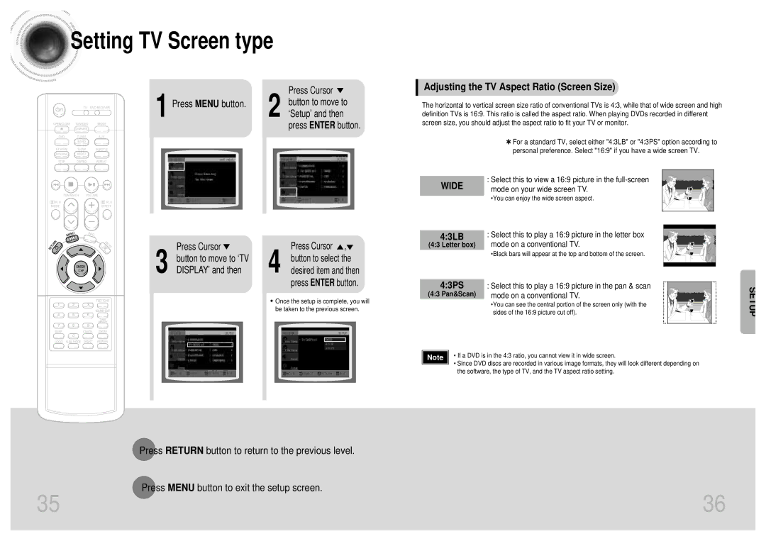 Samsung HTDB300TH/HAO, HT-DB300, HTDB300TH/XSG Adjusting the TV Aspect Ratio Screen Size, Press Menu button, 43LB, 43PS 