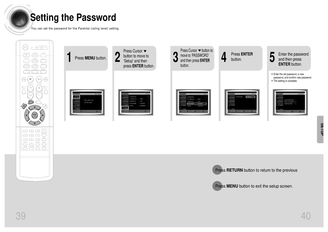 Samsung HT-DB300, HTDB300TH/HAO, HTDB300TH/XSG manual Setting the Password, Press Cursor button to 