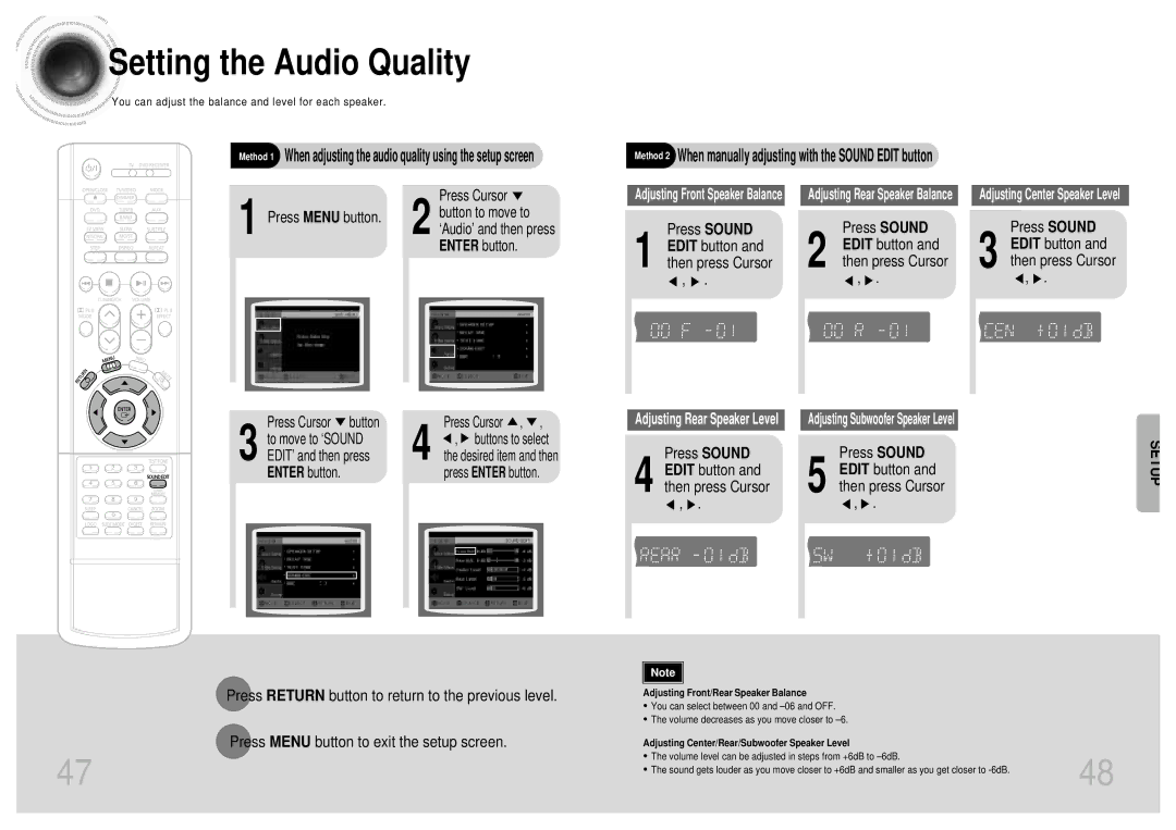 Samsung HTDB300TH/HAO, HT-DB300, HTDB300TH/XSG Setting the Audio Quality, Press Sound Edit button and then press Cursor 