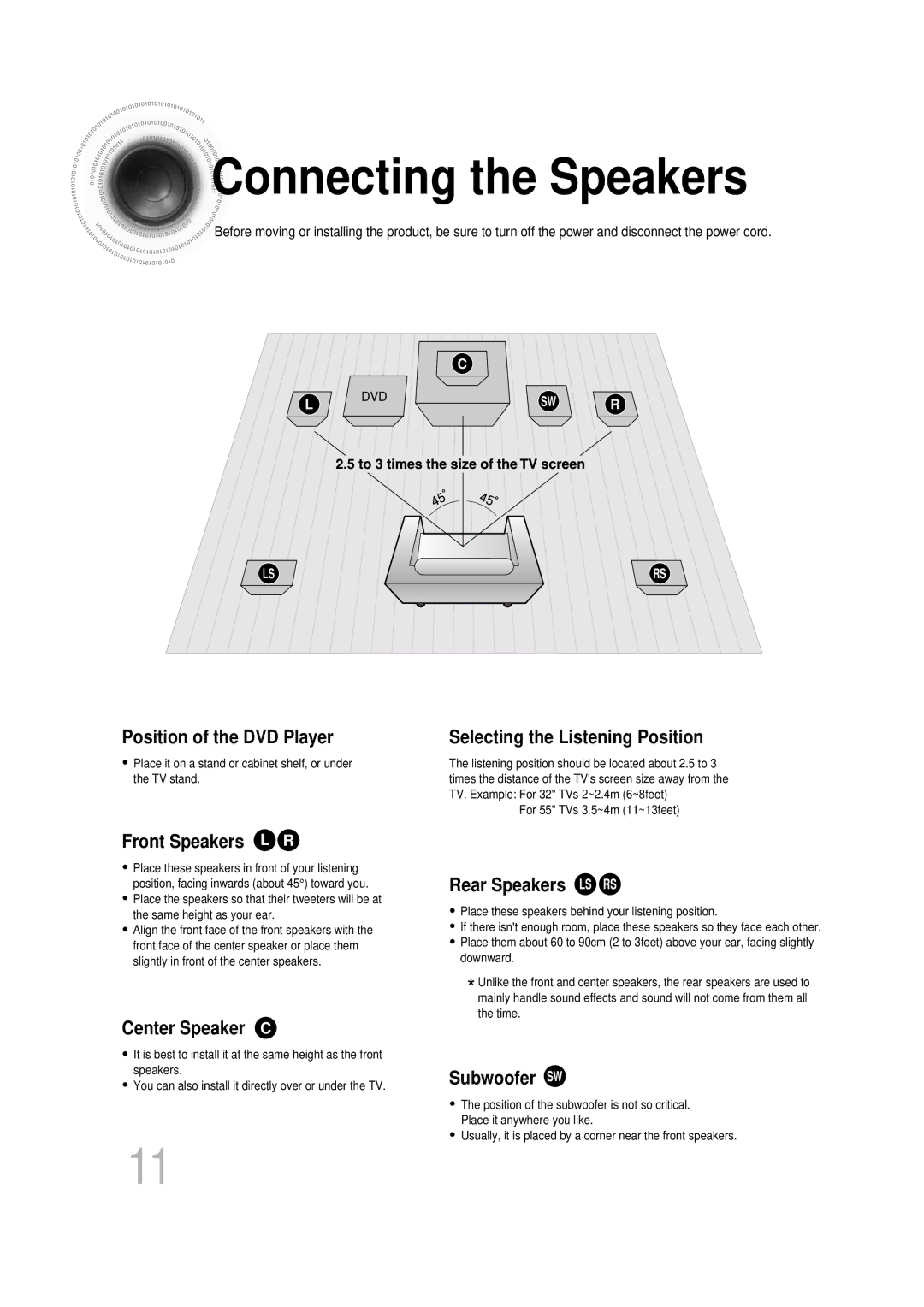 Samsung HT-DB350, HT-DB1650 instruction manual Connecting the Speakers, Selecting the Listening Position 