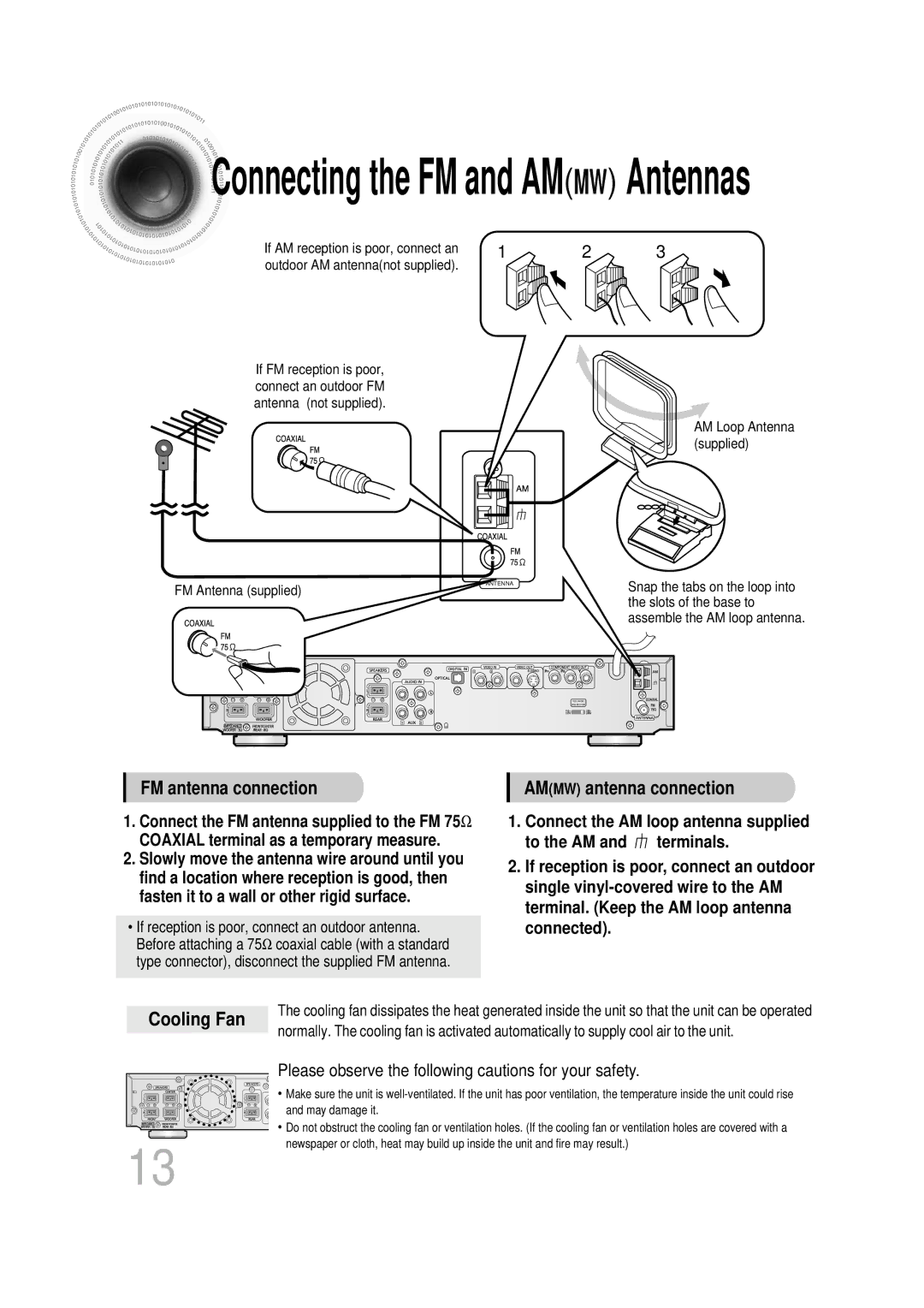 Samsung HT-DB350 Please observe the following cautions for your safety, Connect the FM antenna supplied to the FM 75Ω 