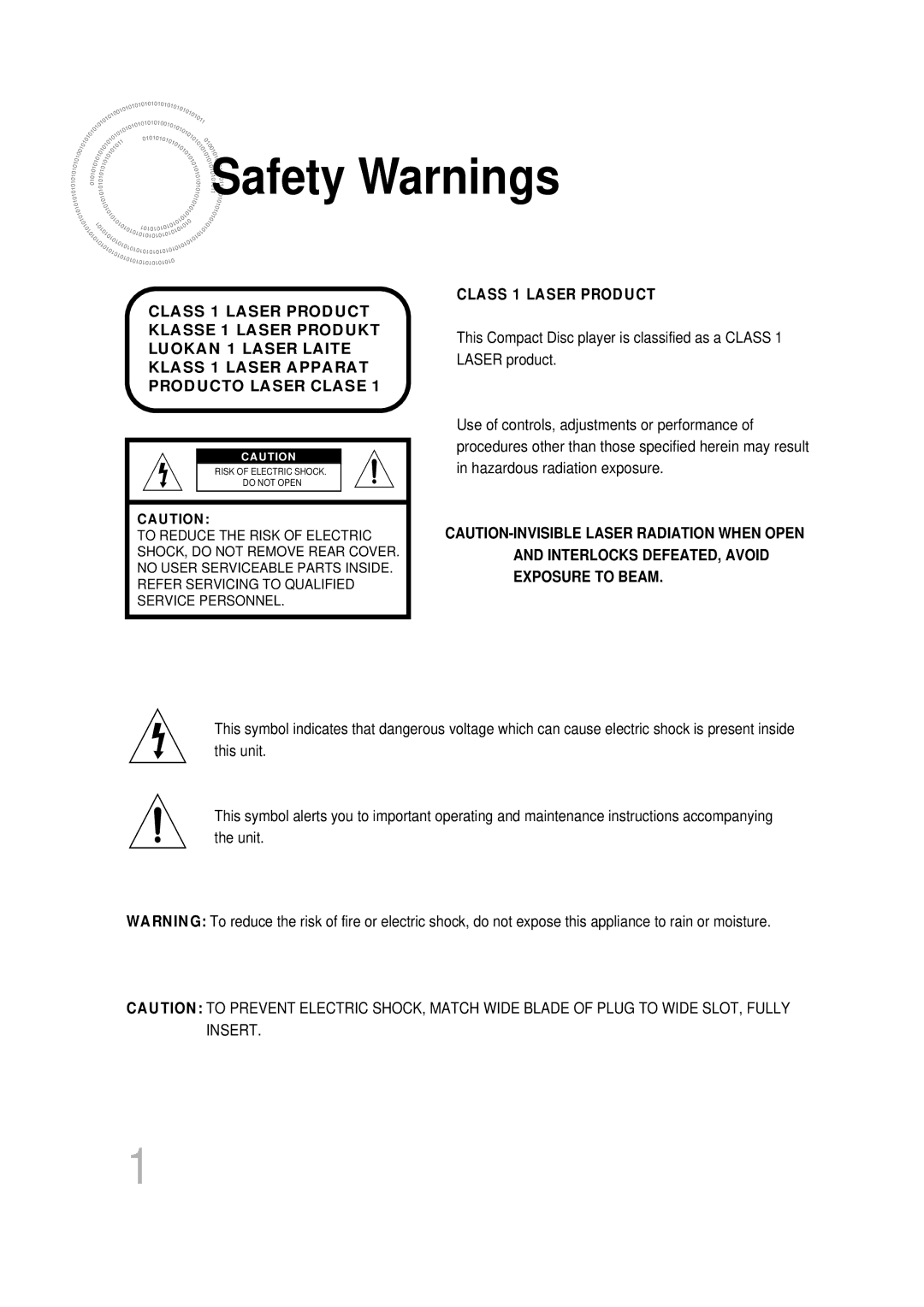 Samsung HT-DB350, HT-DB1650 instruction manual Safety Warnings, Class 1 Laser Product 