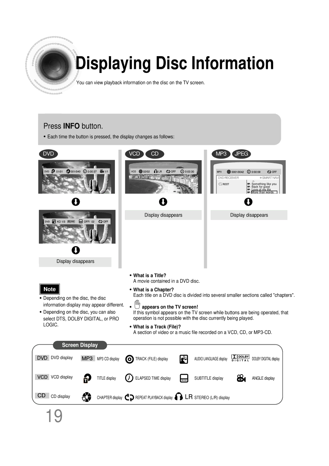 Samsung HT-DB350, HT-DB1650 instruction manual Displaying Disc Information, Press Info button 